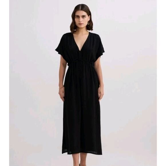 Reistor Gathered Maxi Dress in Black Size XL 100% Cupro- New - Picture 1 of 10